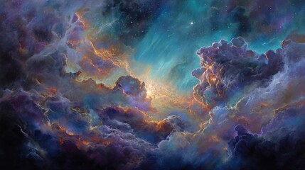 Fototapeta premium Vibrant cosmic nebula with colorful clouds illuminated by starlight in space.