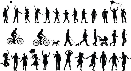 Silhouettes of people walking, dancing, biking, flying kite, pushing stroller, jumping, holding balloons, enjoying outdoor fun, leisure, recreation