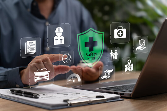 Basic car safety and risk management concept, Businessman managing vehicle protection, Insurance coverage, Health care compensation, Family financial security, Accident prevention, Responsible driving