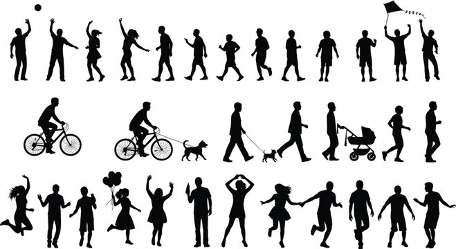 Silhouettes of people walking, dancing, biking, flying kite, pushing stroller, jumping, holding balloons, enjoying outdoor fun, leisure, recreation