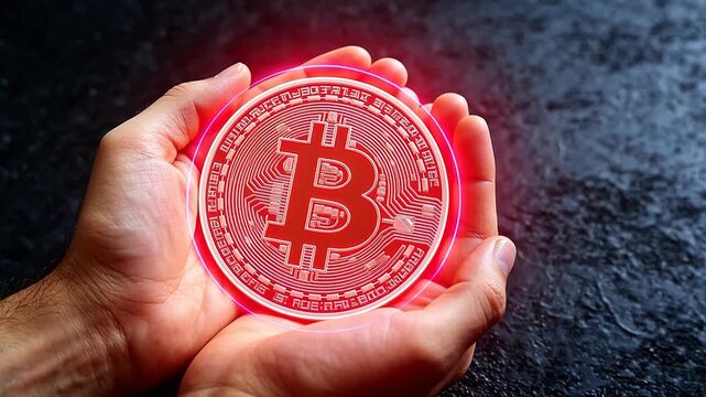 Hands holding glowing bitcoin coin