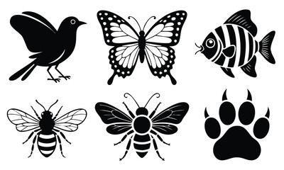 Set bundle Earth Day silhouette animal bird butterfly fish bee paw symbols