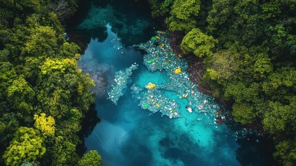 Obraz premium Polluted river flowing through lush forest. Trash and plastic debris litter the tranquil water