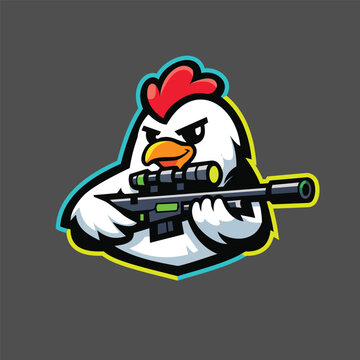 Sniper Chicken Mascot Logo Vector: Rooster with Rifle Gun &ndash; Funny Farm Bird Soldier Character for Esports and Gaming, Angry Chicken Gamer Mascot Logo for Esports Team, Gaming Clan, Twitch Streamer.