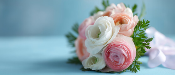 Obraz premium Soft pastel ranunculus bouquet with delicate green foliage and satin ribbon on blue background