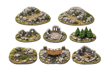 Collection of miniature terrain pieces for tabletop games and dioramas