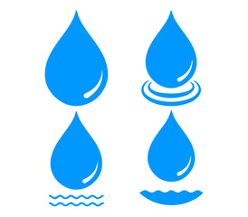 Water drop icon set, flat blue aqua and liquid droplet vector illustration