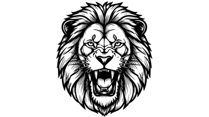 Obraz premium High-contrast black-and-white illustration of a commanding lion's head with sharp teeth and flowing mane
