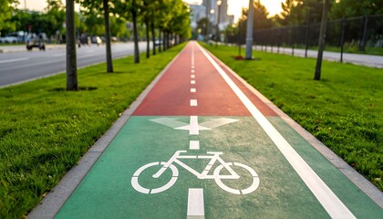 Dedicated Bicycle Lane with Green and Red Sections in Urban Park.