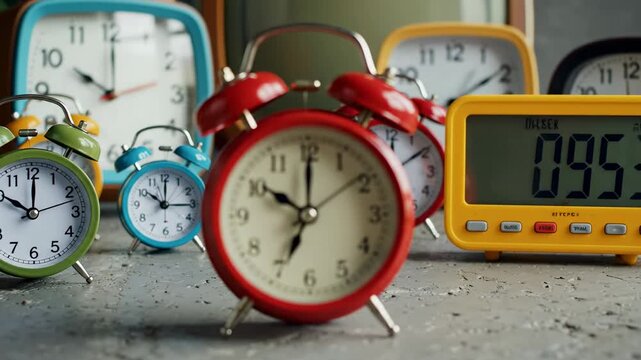 Diverse analog and digital clocks display on a textured surface, highlighting the importance of time management, deadlines, and stress management in a demanding professional environment.