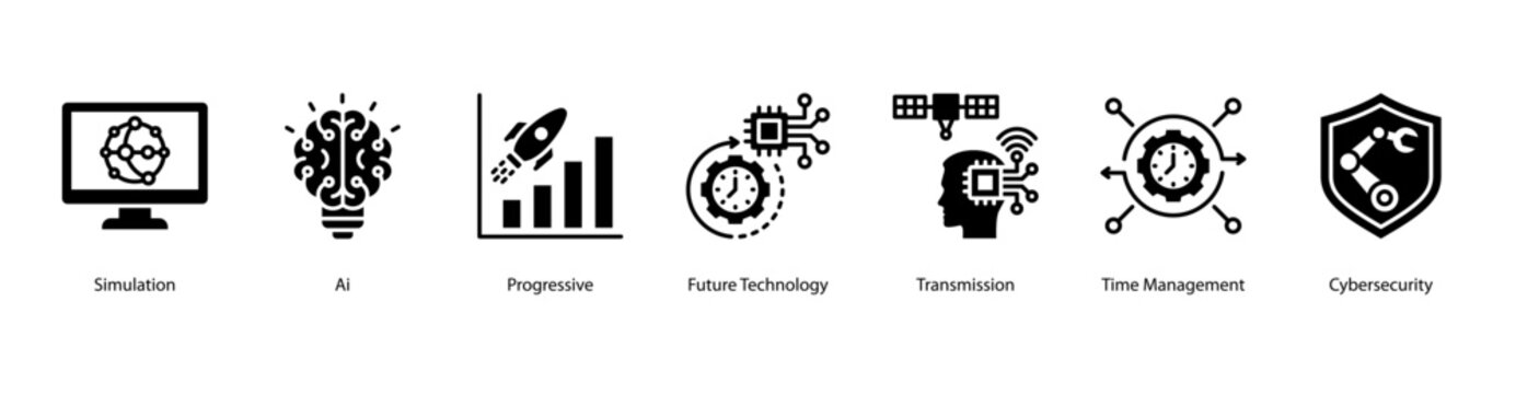 Digital Future and Cyber Defense web banner icon vector illustration featuring Simulation, AI, Progressive, Future Technology, Transmission, Time Management, and Cybersecurity.