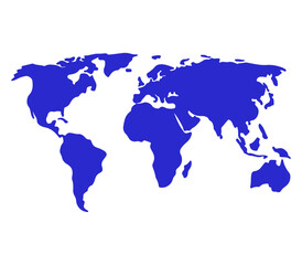 World map icon, flat blue earth continents and global geography vector illustration