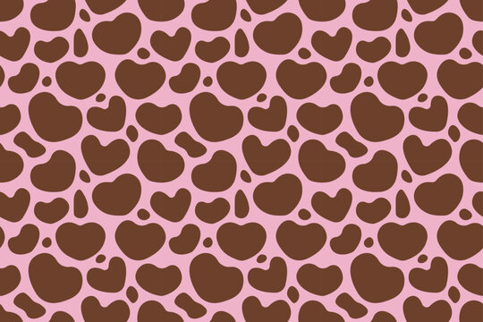 Seamless Valentine cow pattern with brown cow spots blended with heart shapes on pink background. Perfect for cute wallpapers, fabric prints, gift wrap, and romantic crafts.
