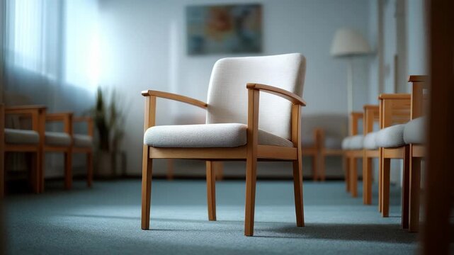Medium shot centered on a lone chair designed for comfort in an understated crisis intervention room with softfocus surroundings emphasizing tranquility.