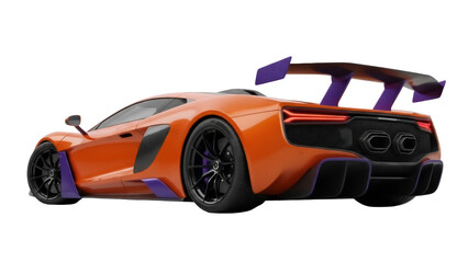 Fototapeta premium Isolated orange custom sports car with purple accents, side view and rear engine access port