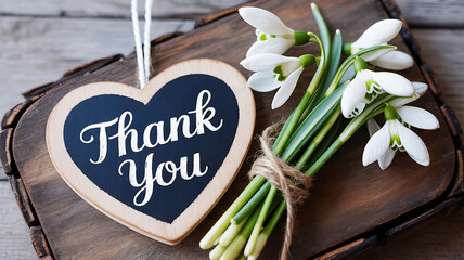 Charming heart-shaped chalkboard with "Thank You" message and snowdrop flowers
