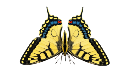 Isolated bright yellow and black butterfly with blue and red pattern, insect with wings