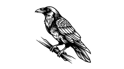 Fototapeta premium Black and white illustration of a raven perched on a diagonal branch