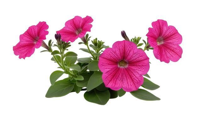Isolated petunia plant with bright pink flowers, fresh green leaves, vibrant blooms, springtime