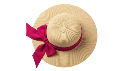 Isolated straw sun hat with pink ribbon, vintage style for a summer outfit for vacation