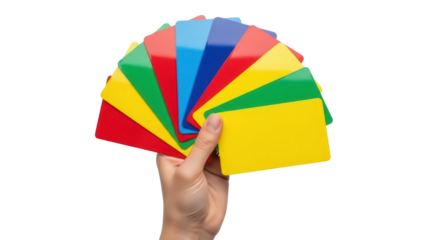 Isolated hand holding colorful plastic cards or educational learning flashcards fan-shaped