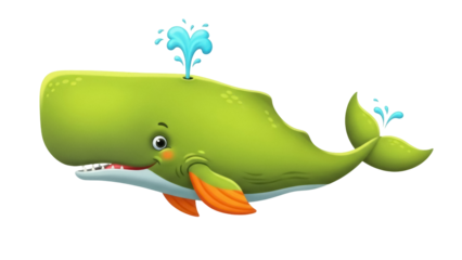 Isolated, Smiling Cartoon Whale Spouting Water, Friendly Ocean Creature, Fun Mammal Animal