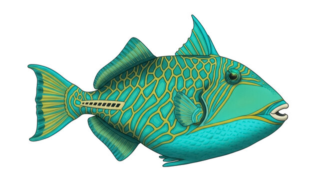 Isolated Reef Triggerfish with Aqua Scales and Yellow Accents for Tropical Wall Decor Art