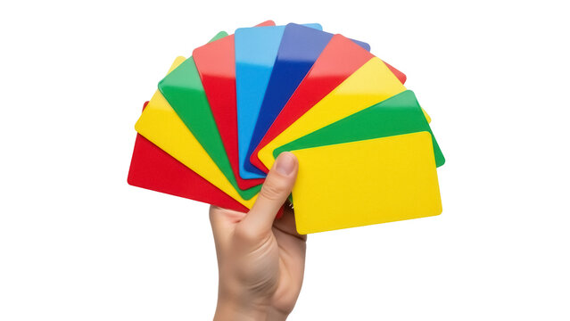 Isolated hand holding colorful plastic cards or educational learning flashcards fan-shaped