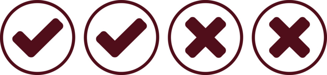 Obraz premium Maroon Circle Check Mark and Cross Icon Set for Approval Rejection Status Voting and Quality Control Feedback Interface Design Elements
