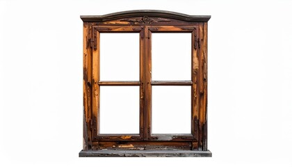 A detailed image of a rustic wooden window frame showcasing vintage design and weathered texture, isolated on a white background.