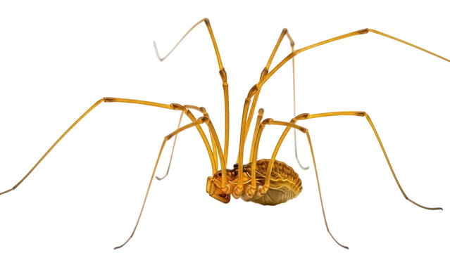 Isolated, harvestman arachnid with long legs crawling, against a seamless background, no shadow
