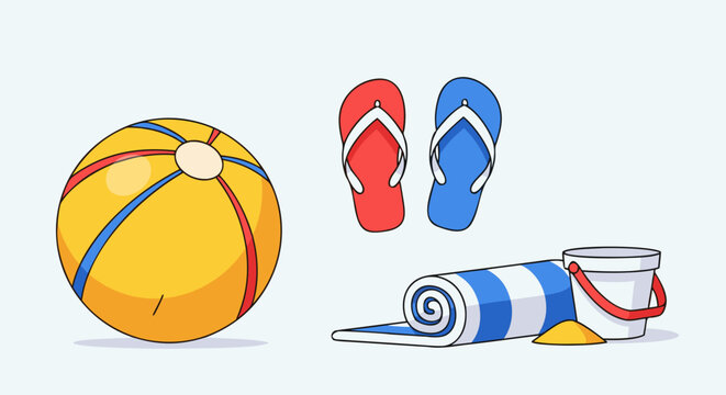 Essential colorful beach vacation items including a striped ball flip flops towel and sand pail