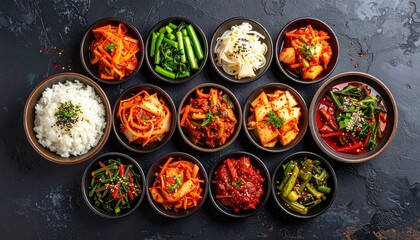 A colorful assortment of Korean side dishes and rice in black bowls, showcasing vibrant and flavorful traditional cuisine.