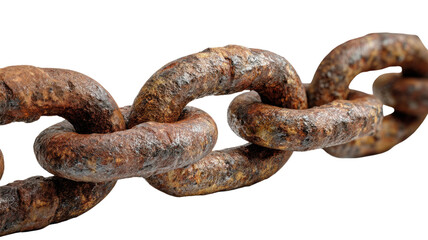 A closeup macro shot of an old rusty iron chain with heavy metal links isolated on white, symbolizing industrial strength and a secure connection