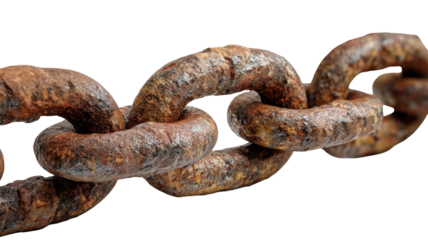 A closeup macro shot of an old rusty iron chain with heavy metal links isolated on white, symbolizing industrial strength and a secure connection