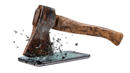 A sharp steel blade of an old metal axe with a wooden handle is isolated on a white background 