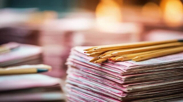 Stack of printed exam booklets with sharpened pencils laid across main booklet in sharp focus while the surrounding papers softly blur into the background.