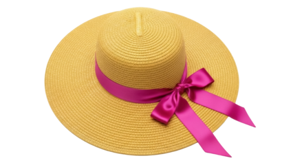 Isolated wide brim sun hat with pink bow, yellow straw boater for summer vacation