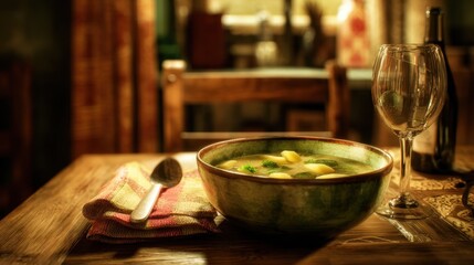 Bowl of Soup with Water of Glass on Table