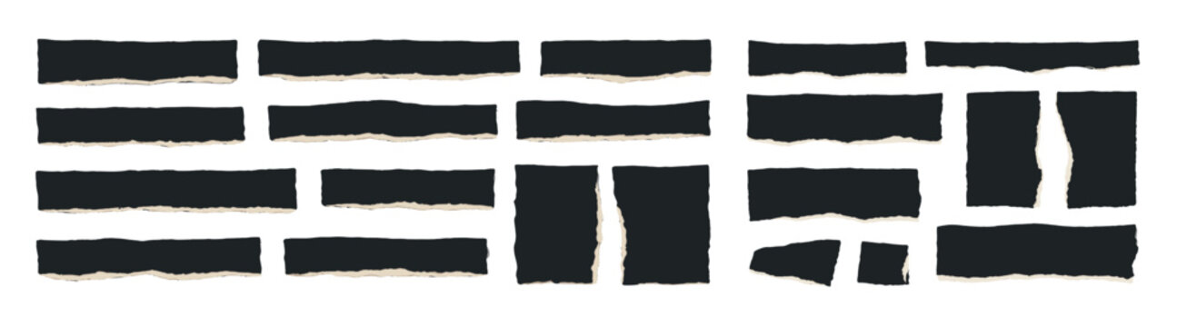 Set of black torn paper strips and ripped edges, rough grunge borders and decorative elements for collage, banners and graphic design on transparent background