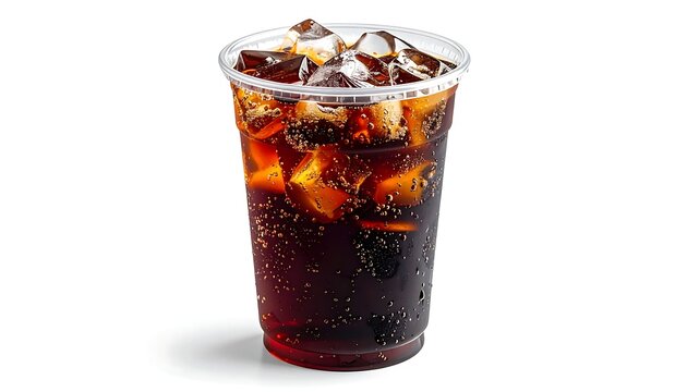 Refreshing Cola Drink with Ice Cubes in a Clear Plastic Cup.