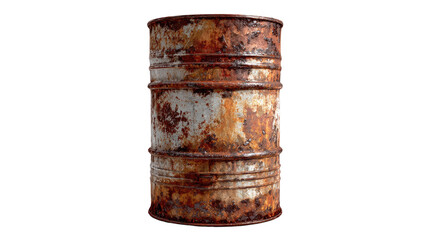 An ancient rusty metal and vintage wooden wine cask sits as an empty antique container isolated on a white background