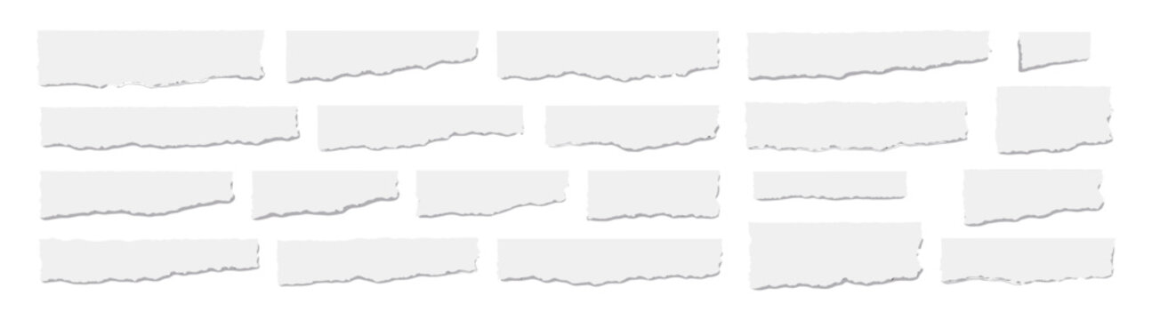 Set of white torn paper strips and ripped edges, clean blank decorative elements for collage, banners and graphic design on transparent background