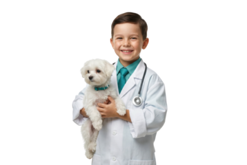 Smiling Young Boy Dressed as Veterinarian Holding White Maltese Puppy