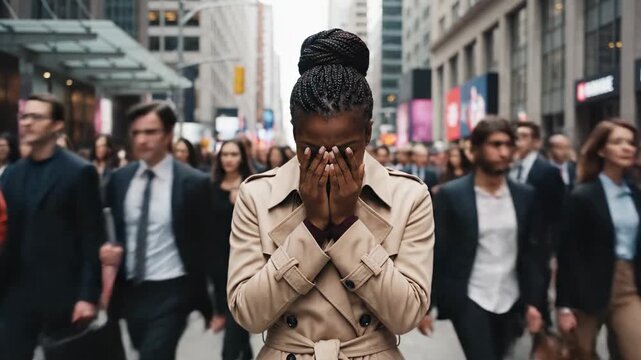 A Black woman in a trench coat stands in a busy city street, hands covering her face, conveying profound urban stress, anxiety, and overwhelm. Blurred pedestrians rush past, highlighting her emotional