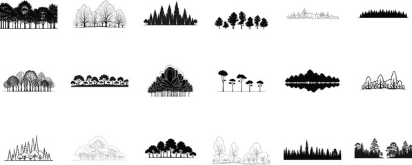 Collection of tree silhouettes isolated on transparent background
