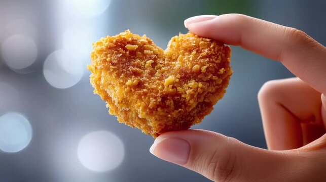 Hand holding crispy golden heart-shaped nugget on blue background with golden bokeh, close-up, copy space, food style, emphasizing the texture of breading and the attractiveness of the snack.