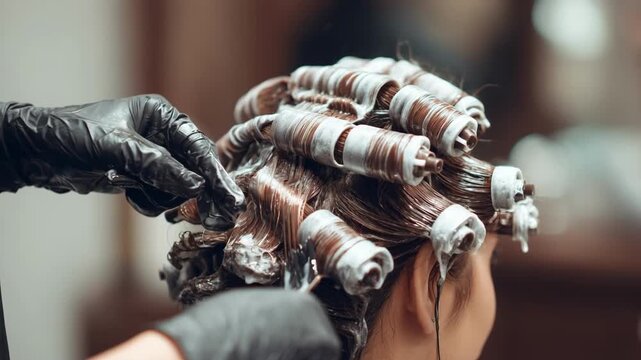 Medium shot of a stylist wearing gloves applying chemical perm solution to hair with timed rods background softly blurred to emphasize the hands and protective gear.