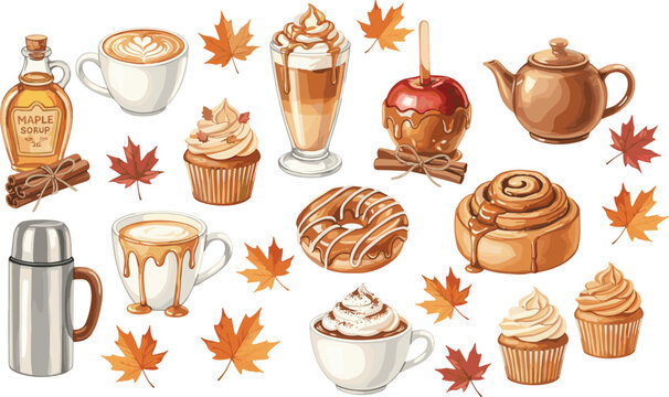 Autumn Treats and Cafe Set with Maple Syrup Coffee Latte Cupcakes Cinnamon Roll and Fall Leaves for Seasonal Menu Vector Illustration