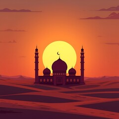 Desert Mosque at Sunset Ramadan Illustration